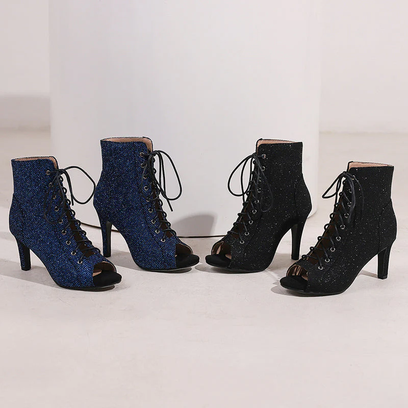 Women's PU 9cm Silm Heel Sequin Lace-up Dance Boots JazDance Shoes - Image 3