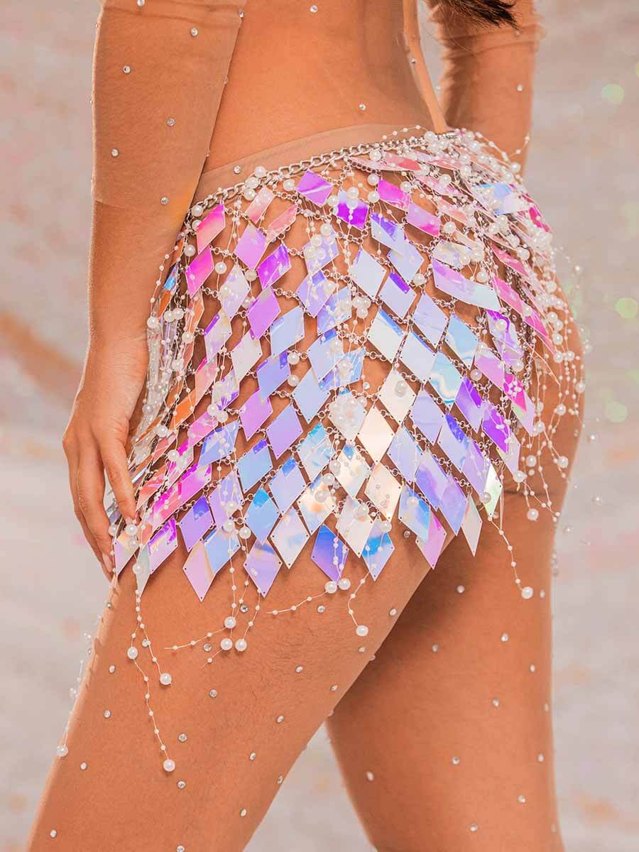 Womens Sequin Skirt - Diamond Sequin Pearl Mini Skirt - Image 4