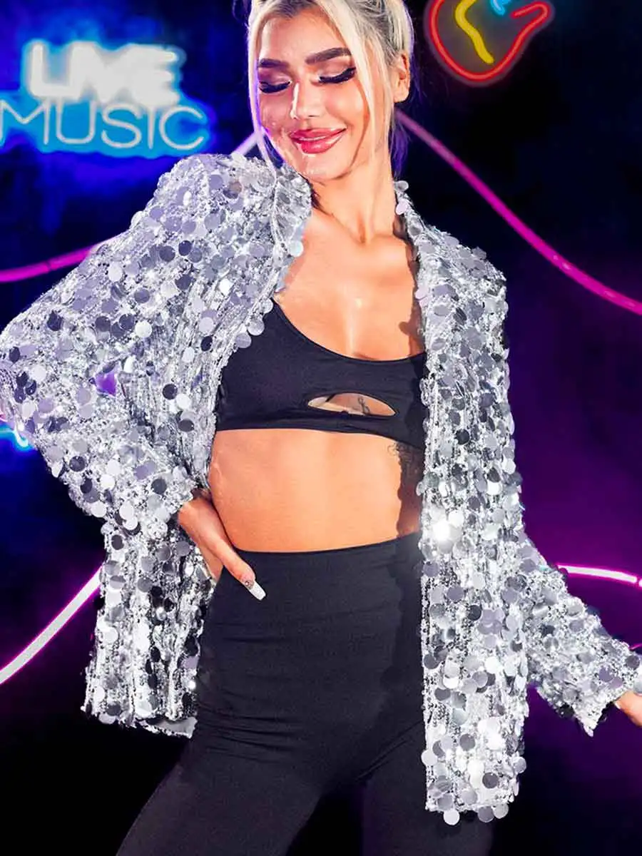 Women's Sequin Tuxedo Jacket - Silver Lapel Blazer - Image 4