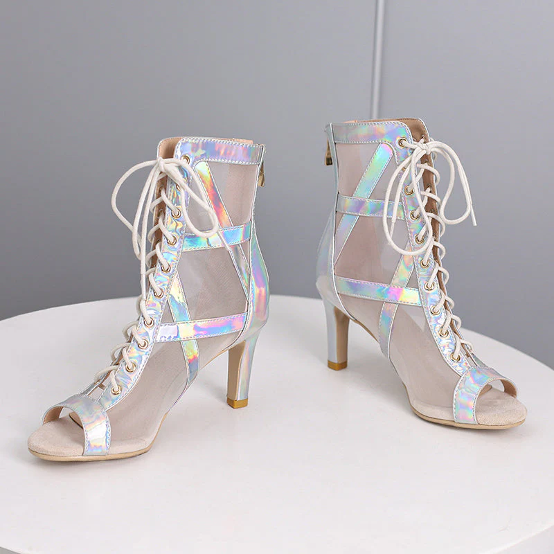 Women's Silver 7.5cm/10cm Heel Peep Toe Rubber Sole JazShoes Dance Boots - Image 10