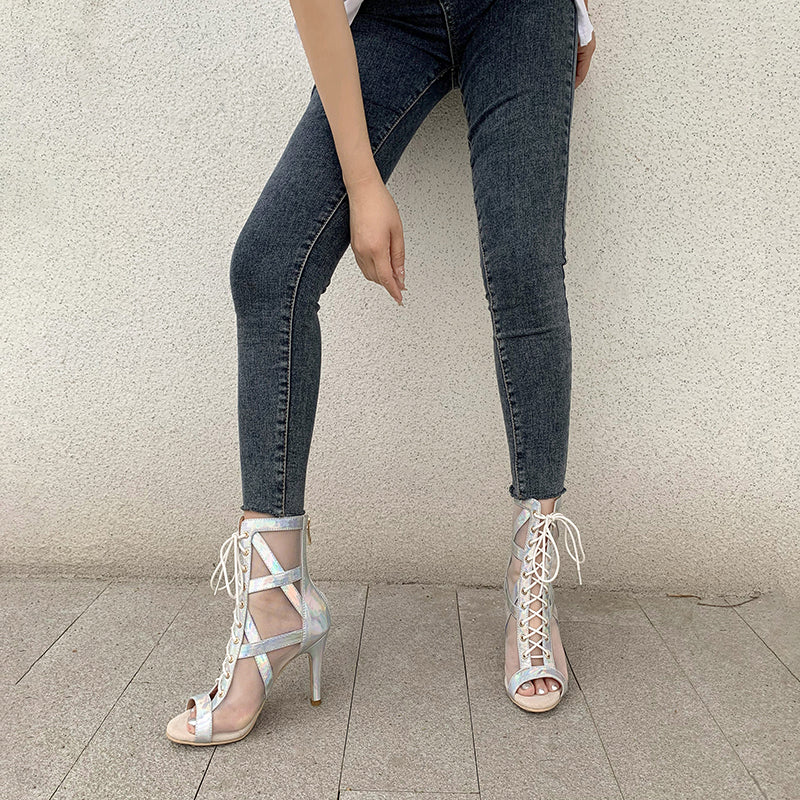Women's Silver 7.5cm/10cm Heel Peep Toe Rubber Sole JazShoes Dance Boots - Image 3
