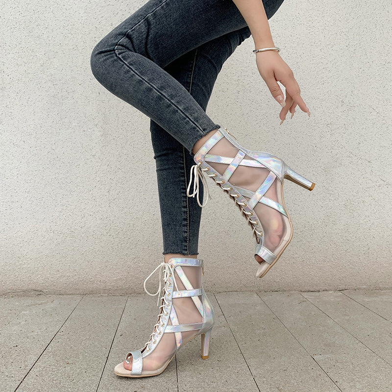 Women's Silver 7.5cm/10cm Heel Peep Toe Rubber Sole JazShoes Dance Boots - Image 4