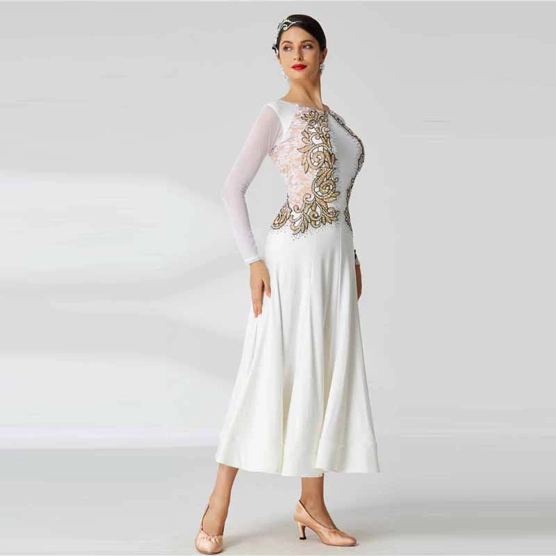 YUN Customisable-Women's Long Sleeve Lace DiamonDress For Ballroom Dancing Smooth Dress - Image 5