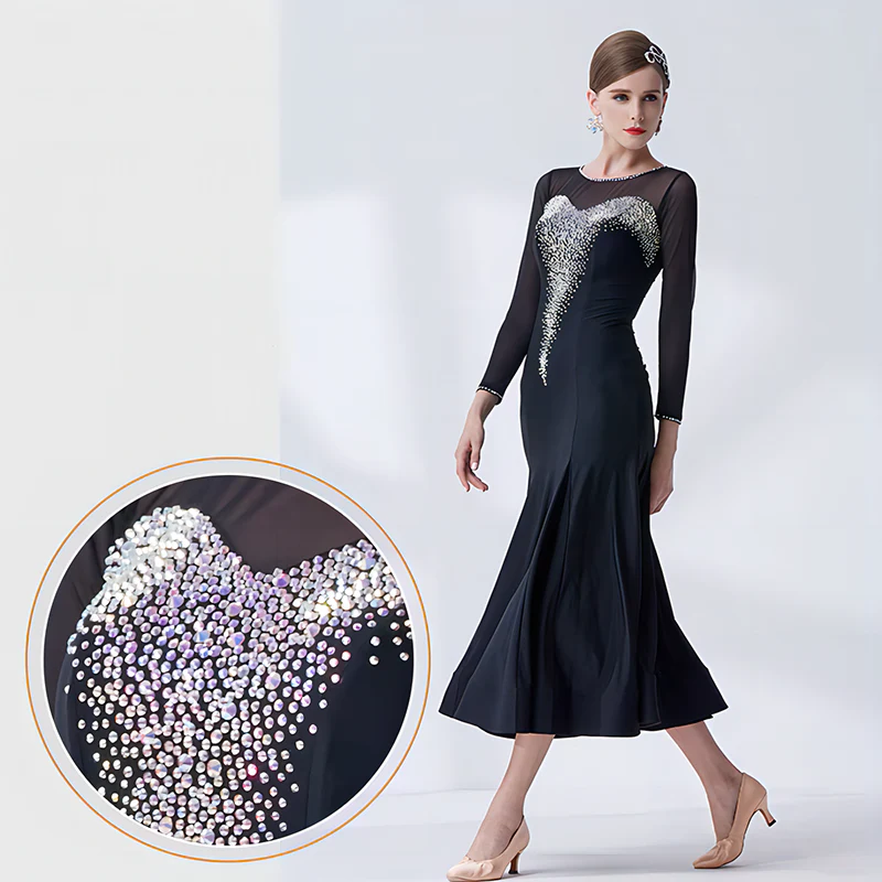 YUN Customisable-Women's Long Sleeve Mesh DiamonDress For Ballroom Dancing standard/Smooth Dress - Image 8