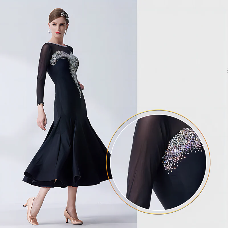 YUN Customisable-Women's Long Sleeve Mesh DiamonDress For Ballroom Dancing standard/Smooth Dress - Image 9