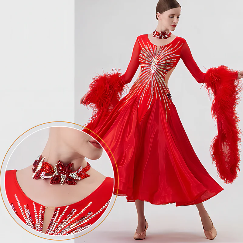 YUN Customisable-Women's Long Sleeve Mesh Round Neck DiamonDress For Ballroom Dancing Smooth Dress - Image 10