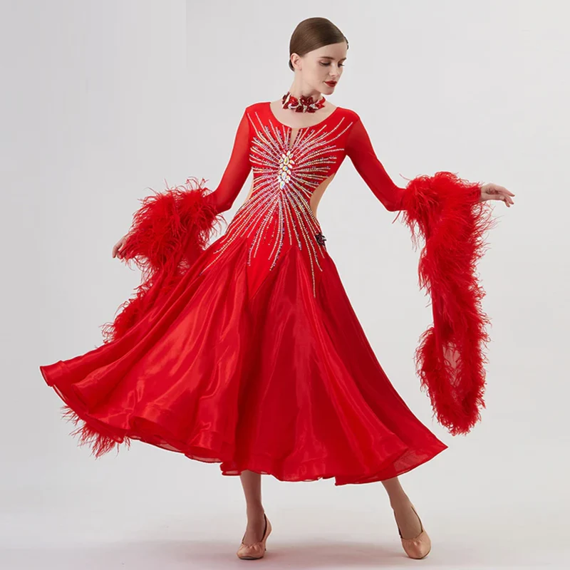 YUN Customisable-Women's Long Sleeve Mesh Round Neck DiamonDress For Ballroom Dancing Smooth Dress - Image 3