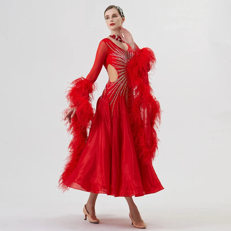 YUN Customisable-Women's Long Sleeve Mesh Round Neck DiamonDress For Ballroom Dancing Smooth Dress - Image 4