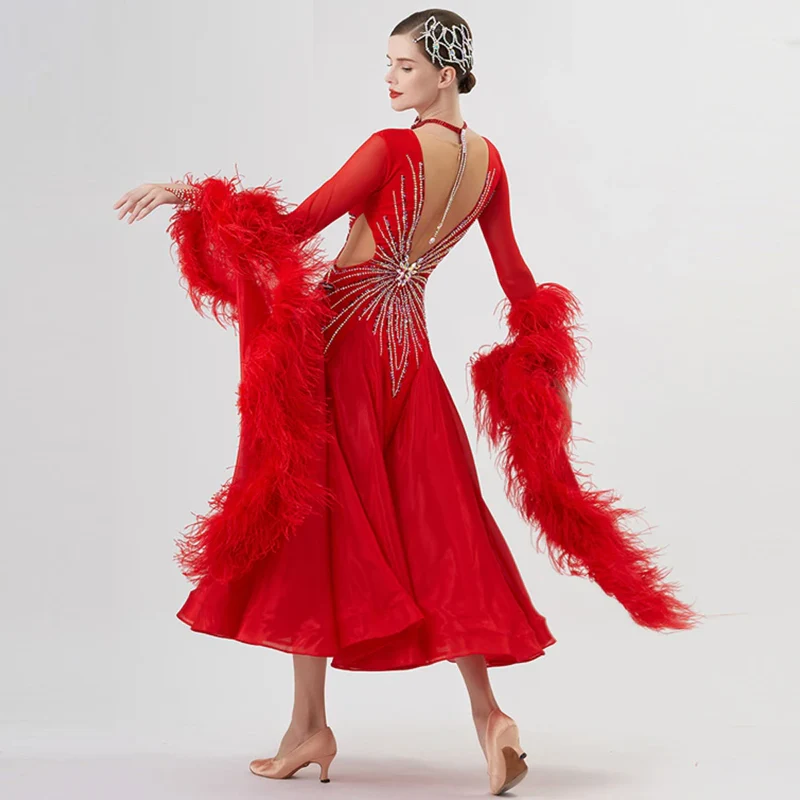 YUN Customisable-Women's Long Sleeve Mesh Round Neck DiamonDress For Ballroom Dancing Smooth Dress - Image 5