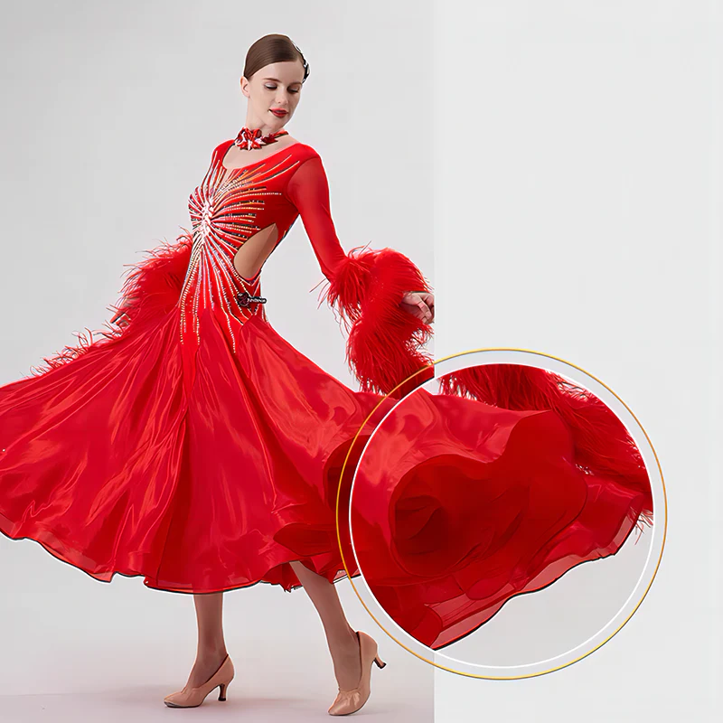 YUN Customisable-Women's Long Sleeve Mesh Round Neck DiamonDress For Ballroom Dancing Smooth Dress - Image 6