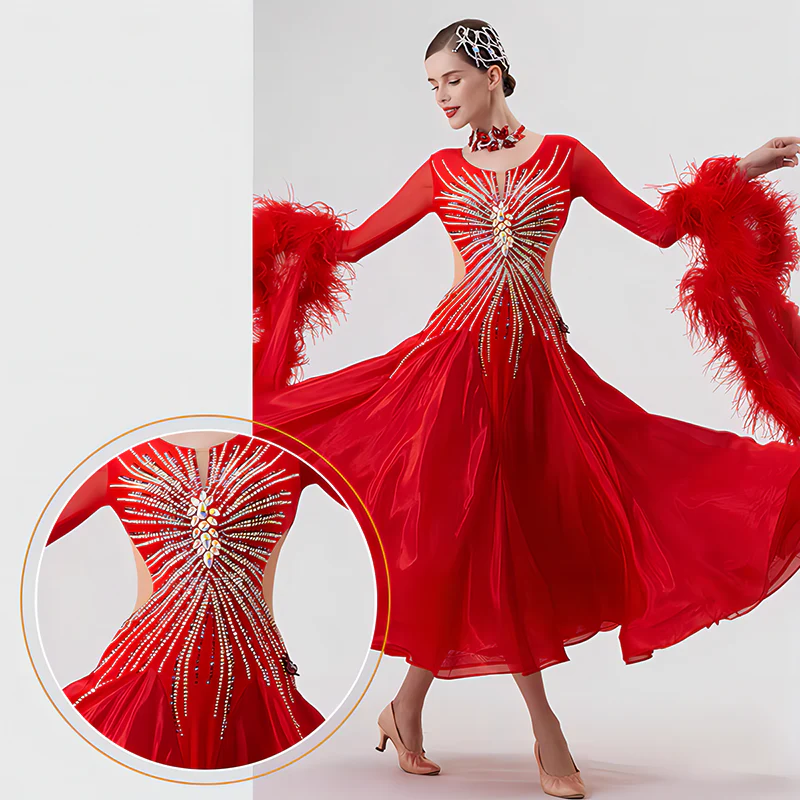 YUN Customisable-Women's Long Sleeve Mesh Round Neck DiamonDress For Ballroom Dancing Smooth Dress - Image 8