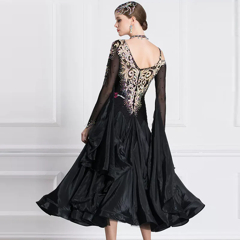 YUN Customisable-Women's Long Sleeve Off Shoulder Backless DiamonDress For Ballroom Dancing Smooth Dress - Image 3
