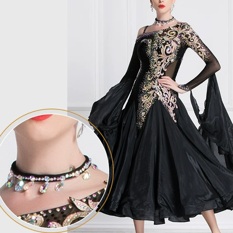 YUN Customisable-Women's Long Sleeve Off Shoulder Backless DiamonDress For Ballroom Dancing Smooth Dress - Image 4