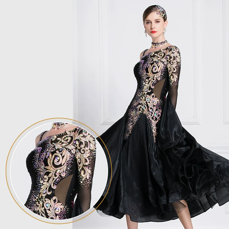 YUN Customisable-Women's Long Sleeve Off Shoulder Backless DiamonDress For Ballroom Dancing Smooth Dress - Image 5