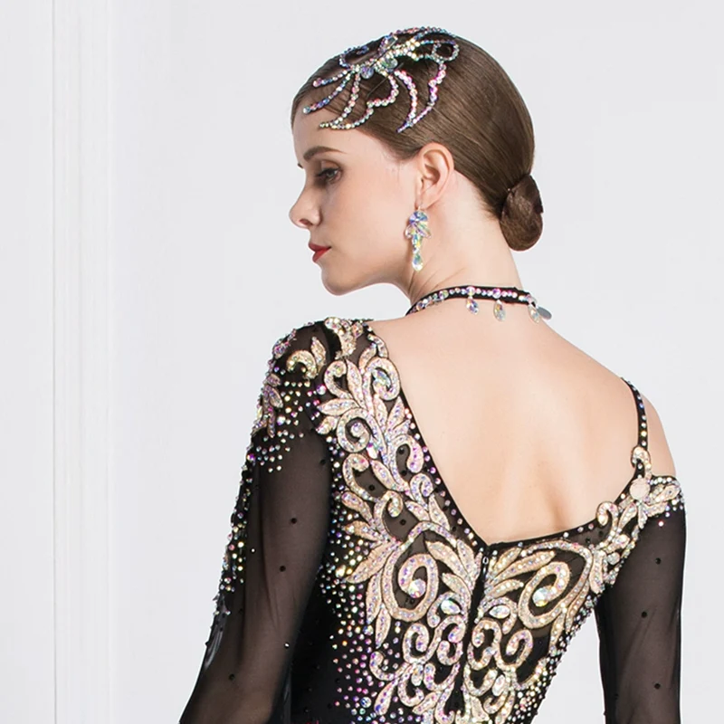 YUN Customisable-Women's Long Sleeve Off Shoulder Backless DiamonDress For Ballroom Dancing Smooth Dress - Image 6