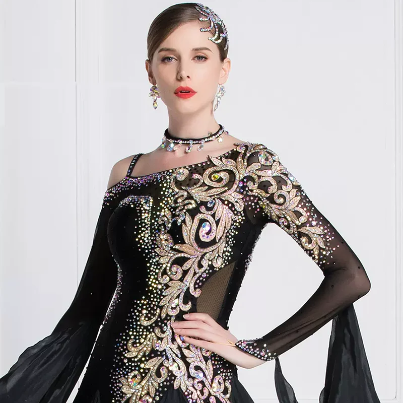 YUN Customisable-Women's Long Sleeve Off Shoulder Backless DiamonDress For Ballroom Dancing Smooth Dress - Image 7