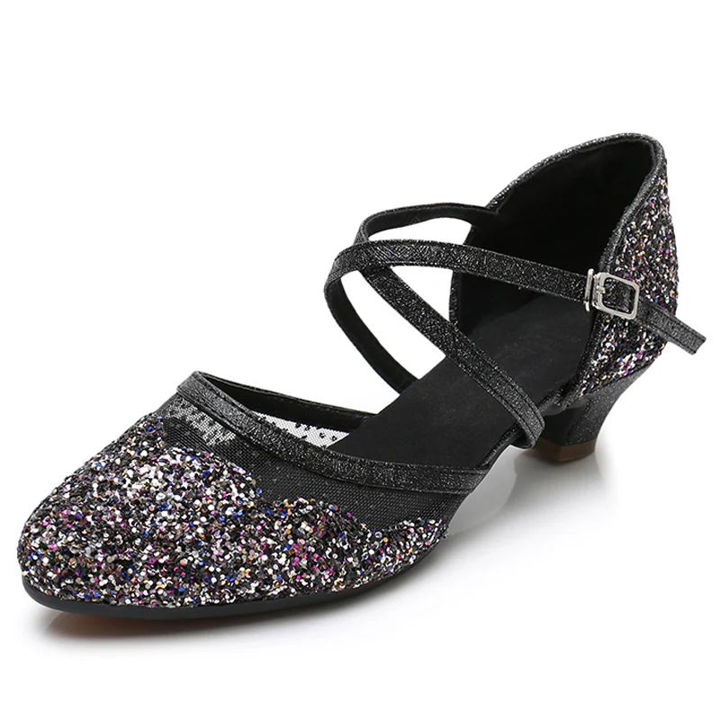 YW Women's Black Sparkling Glitter Customized Heels Ballroom Dance Shoes Modern Shoes - Image 4